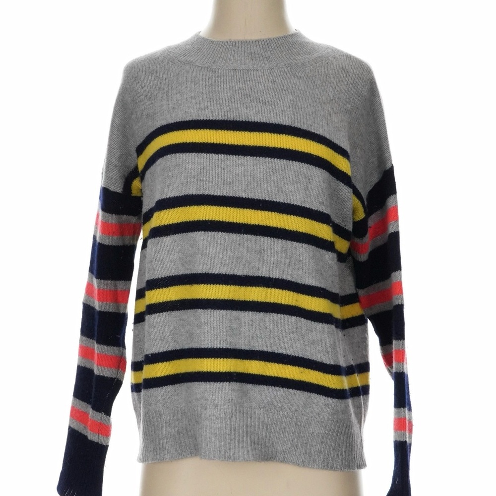 Aqua 100% Cashmere Gray Sweater with Yellow and Pink Stripes Size Large EUC